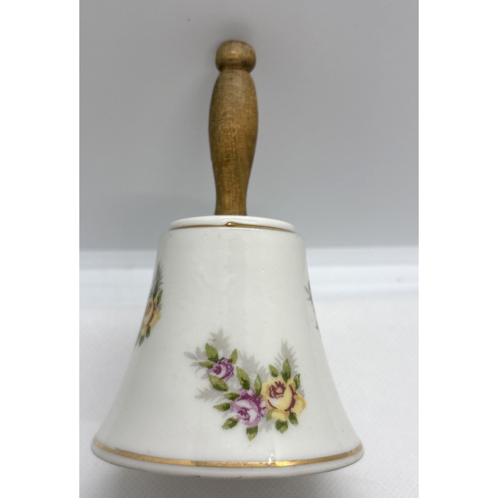 Vintage Enesco Japan Porcelain Hand Bell with Wooden Handle Floral Design‎ 4''
